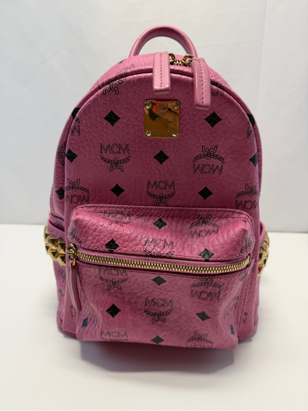MCM Pink Logo Mini Backpack with Gold Hardware